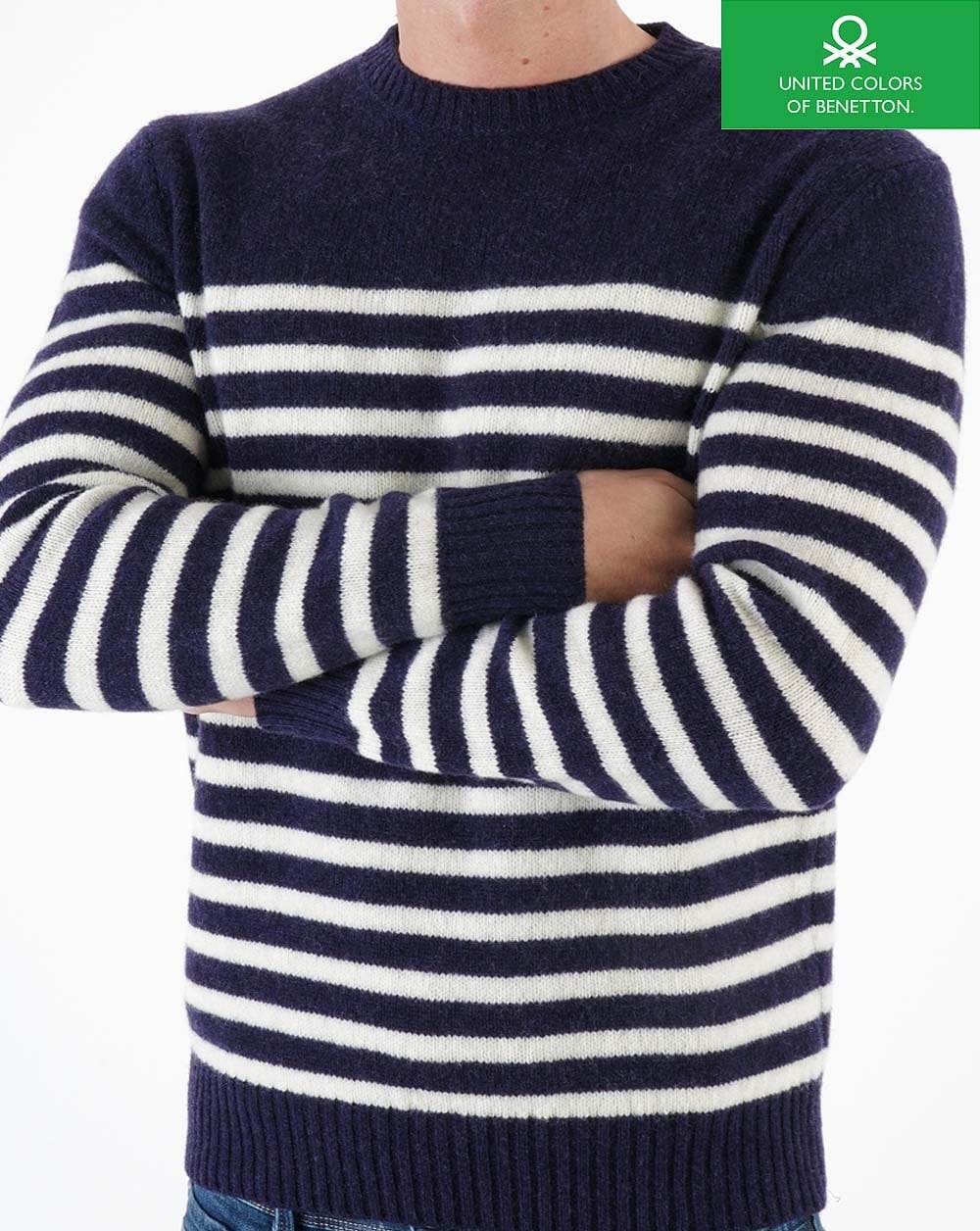 Benetton Striped Wool Jumper Navy/Ecru - Image 2