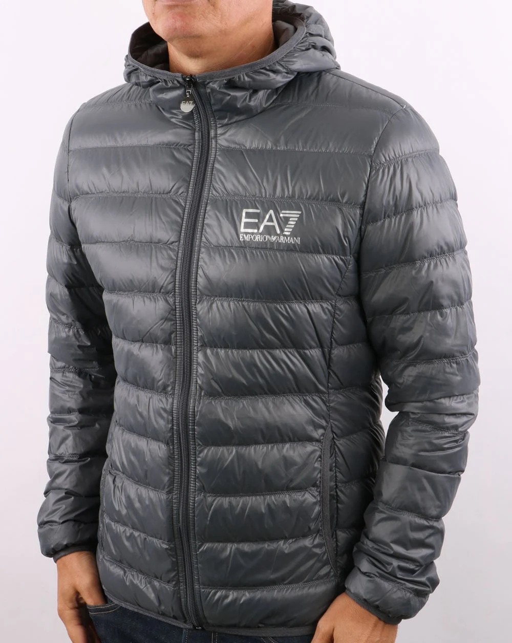 EA7 Core Logo Down Hooded Jacket Charcoal Grey