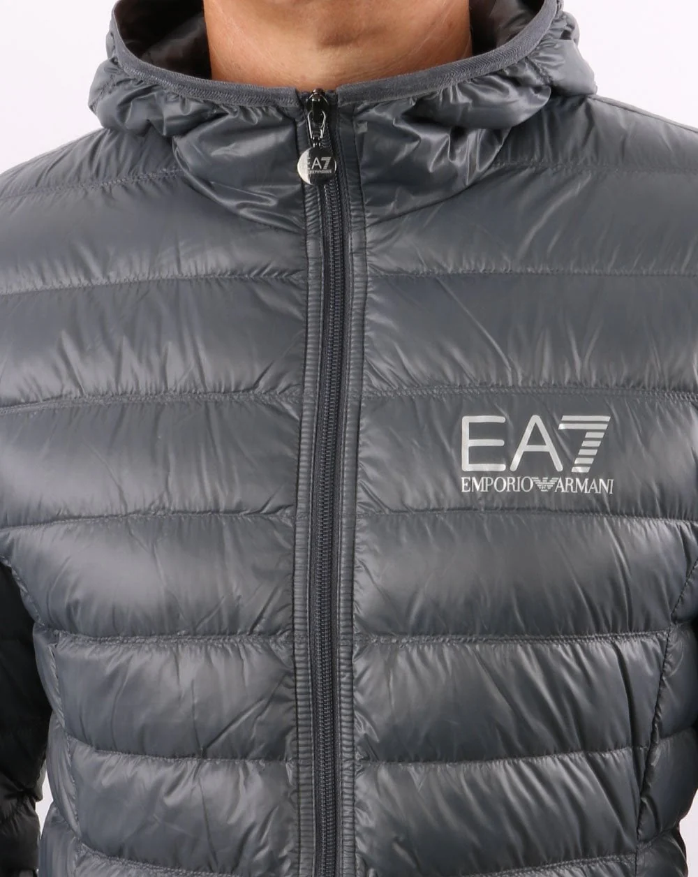 EA7 Core Logo Down Hooded Jacket Charcoal Grey - Image 2