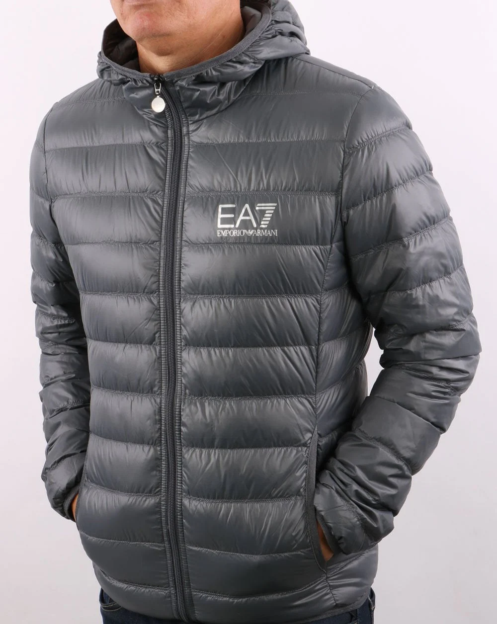 EA7 Core Logo Down Hooded Jacket Charcoal Grey - Image 3