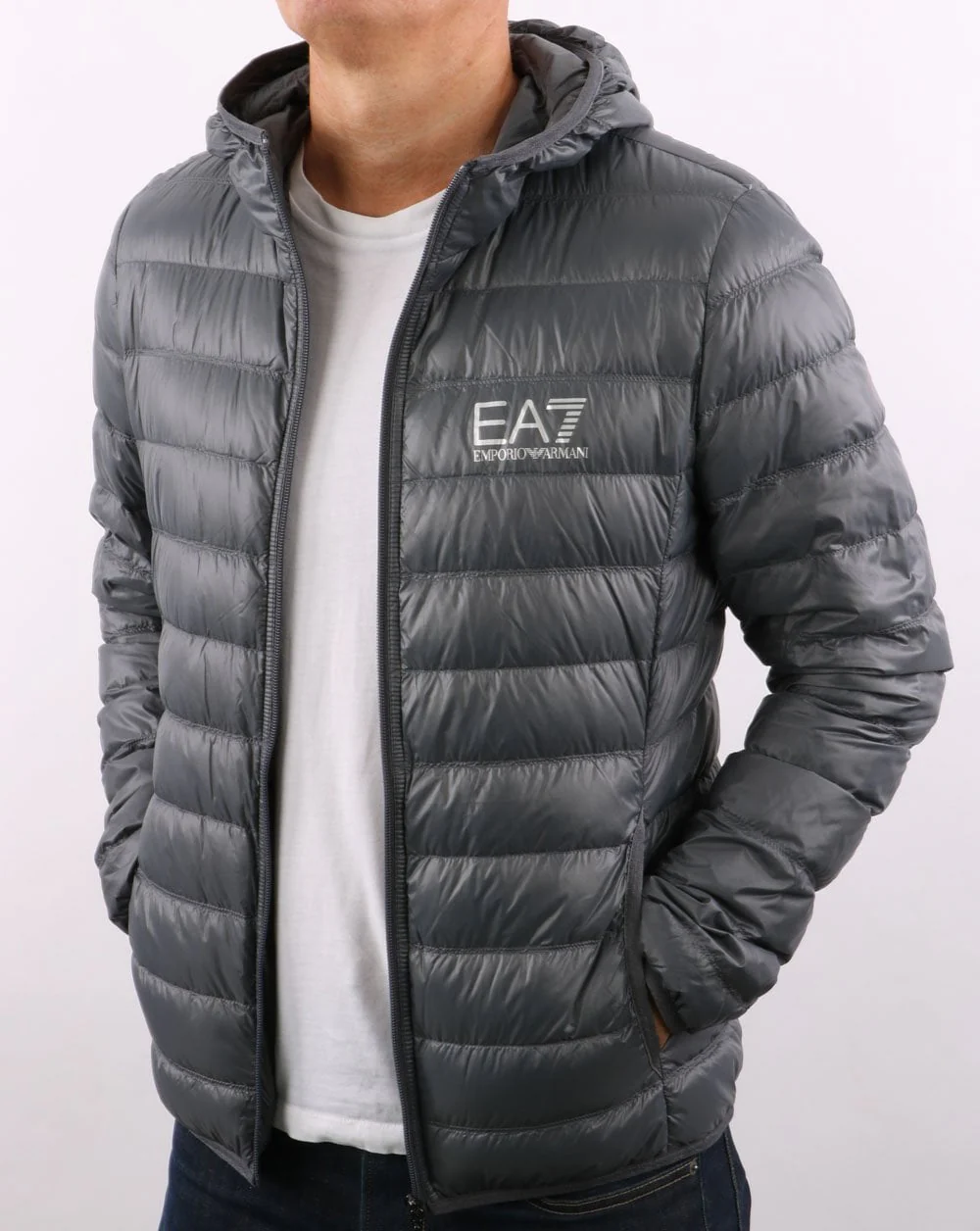 EA7 Core Logo Down Hooded Jacket Charcoal Grey - Image 5