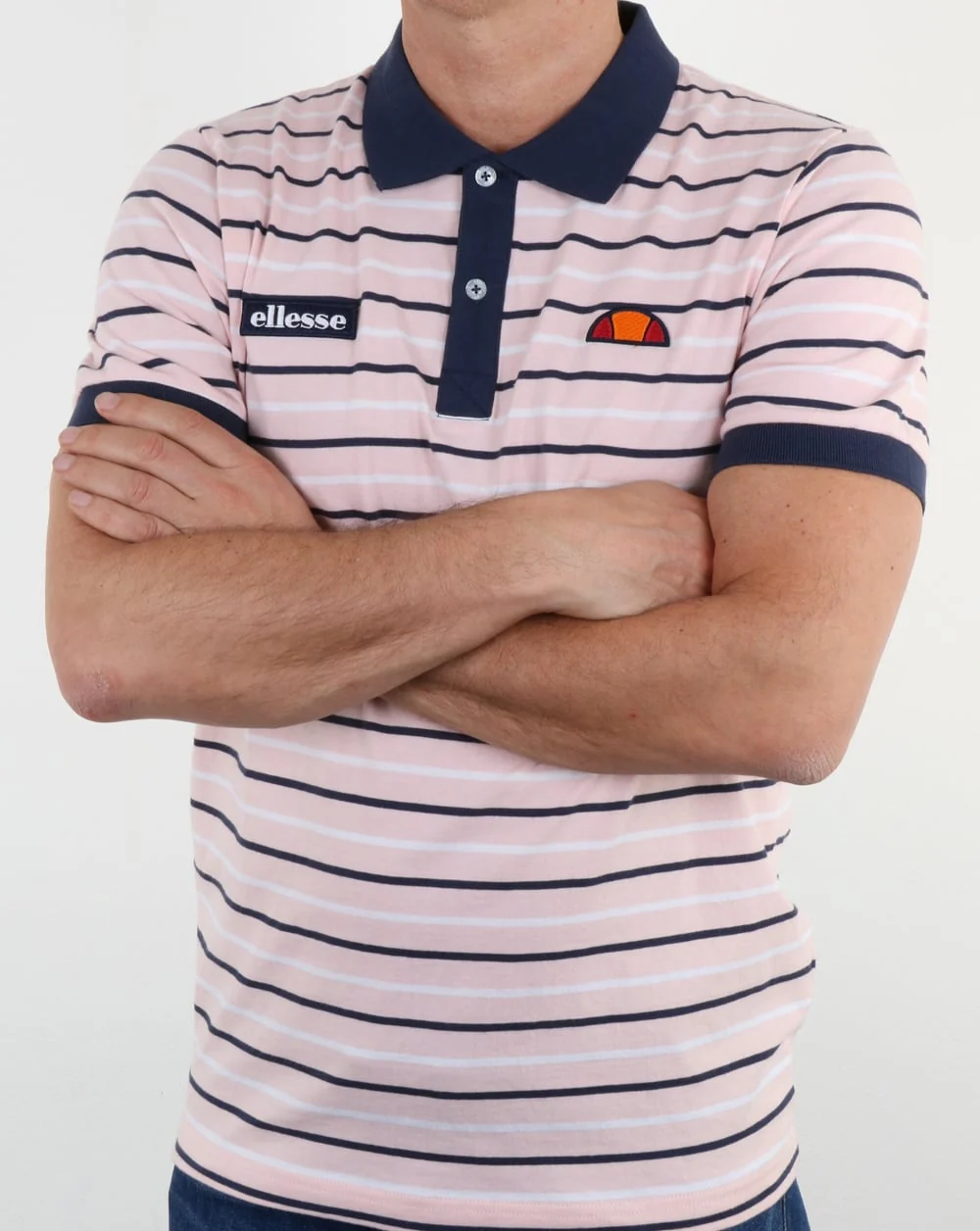 Ellesse Light Pink Navy Striped Polo Shirt - Image 4