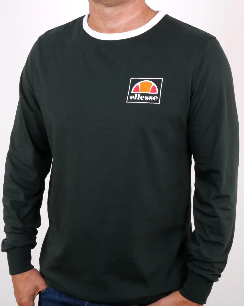 Ellesse Long Sleeve Ringer T Shirt Dark Green- White - Image 2
