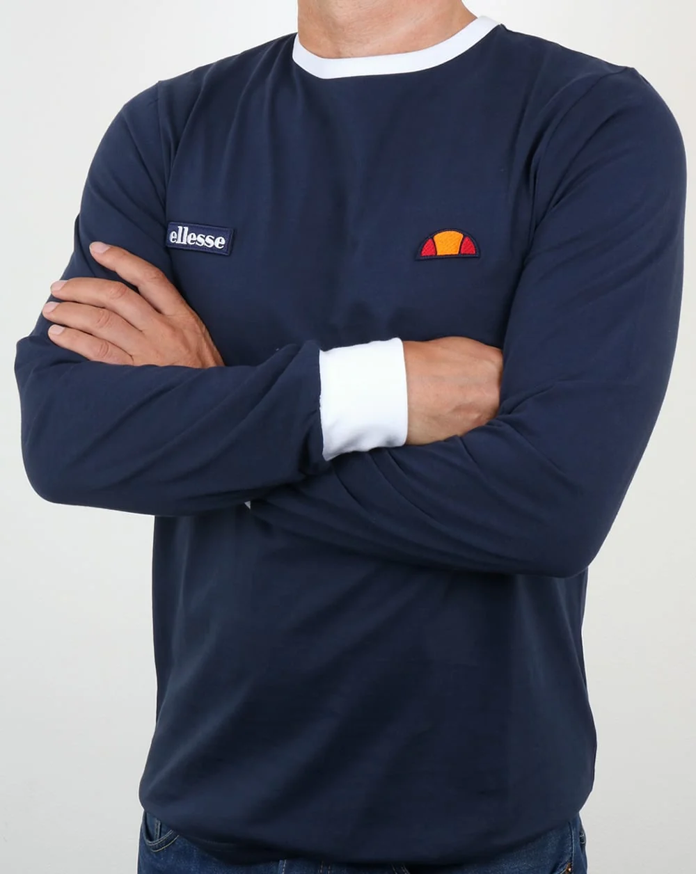 Ellesse Twin badge Long Sleeve Ringer T Shirt Navy - Image 4