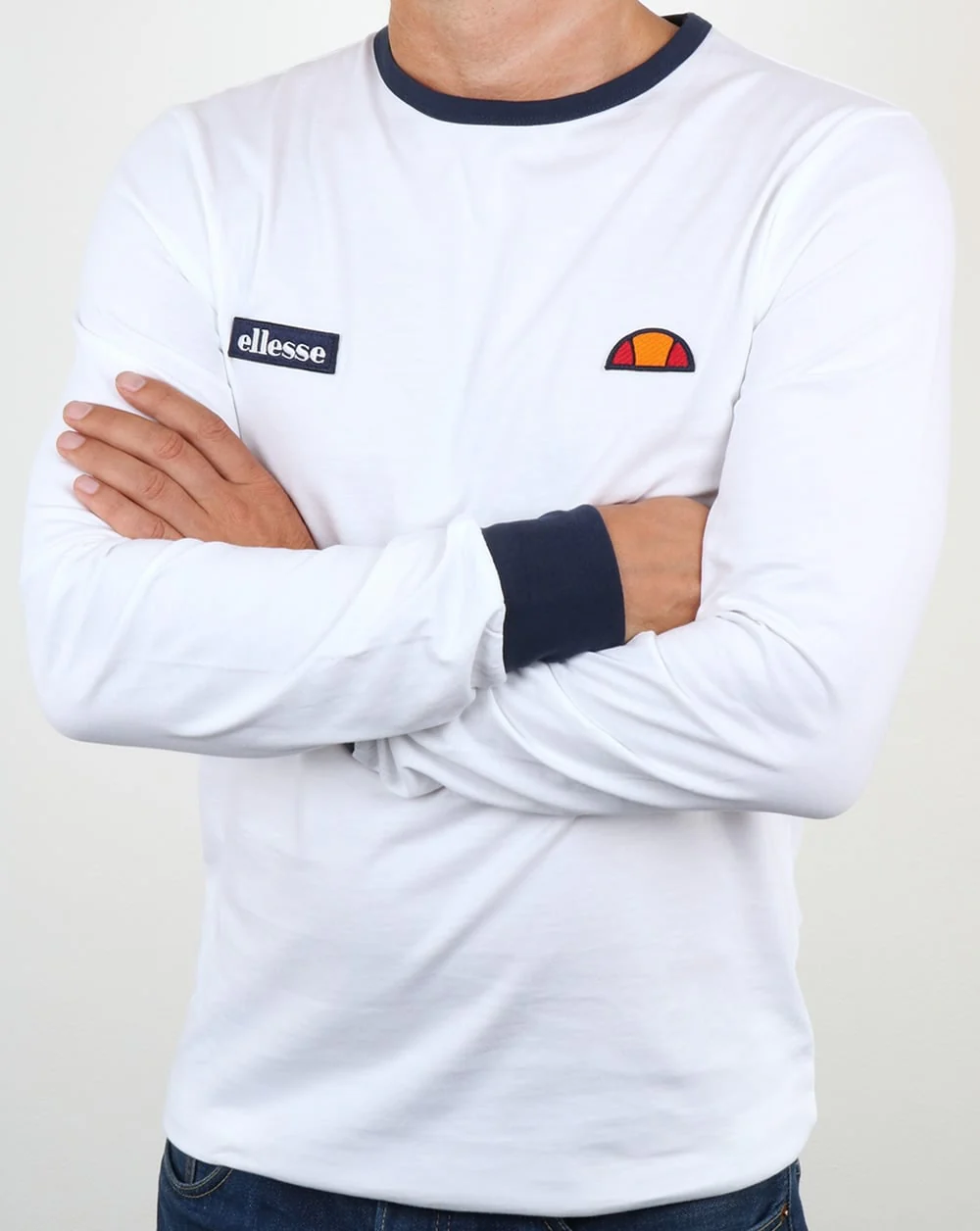 Ellesse Twin Badge Long Sleeve Ringer T Shirt White - Image 4