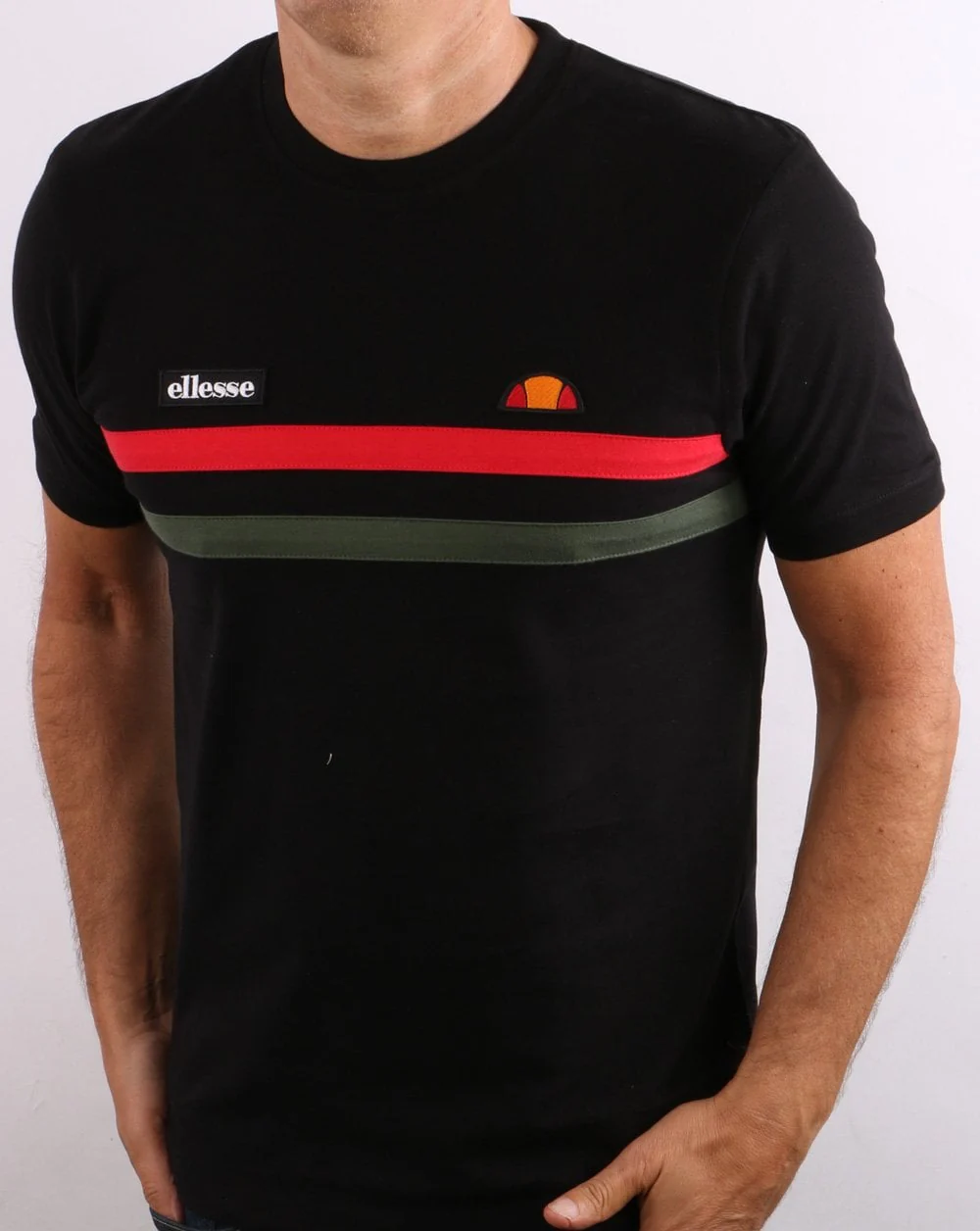 Ellesse Two Stripe T Shirt Black/Red/Khaki - Image 3