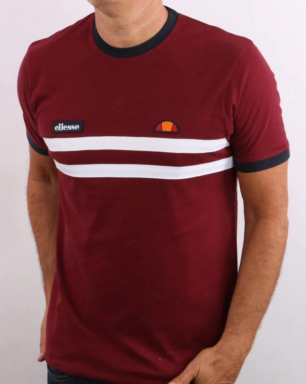 Ellesse Two Stripe T Shirt Burgundy/White/Navy - Image 3