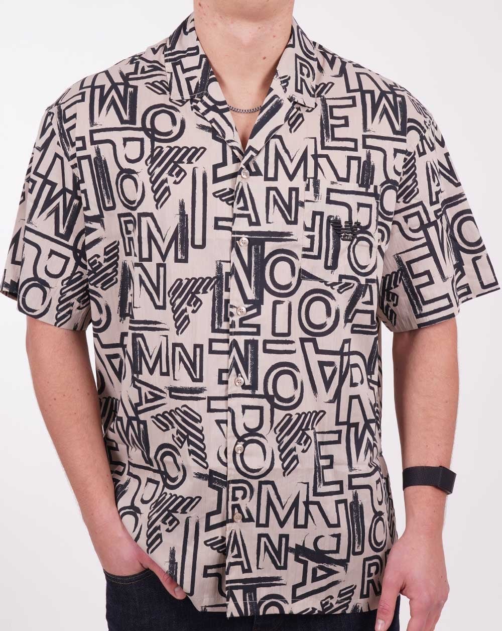 Emporio Armani Lettering SS Beach Shirt Beige - Image 3