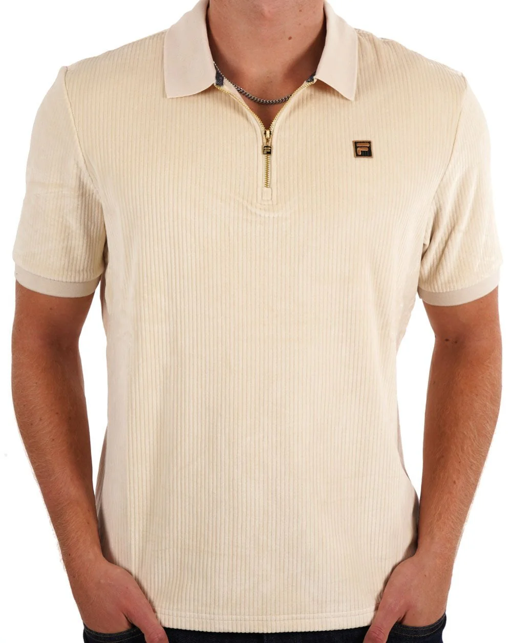 Fila Gold Corded Velour Polo Shirt Ecru - Image 3
