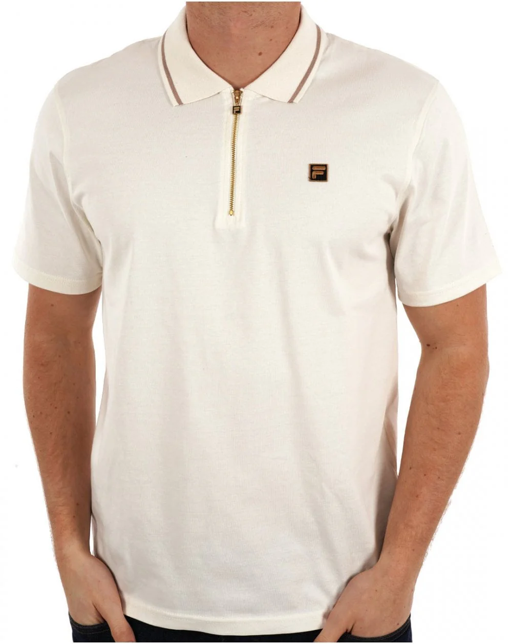 Fila Gold Tipped Zip Polo Off White - Image 3