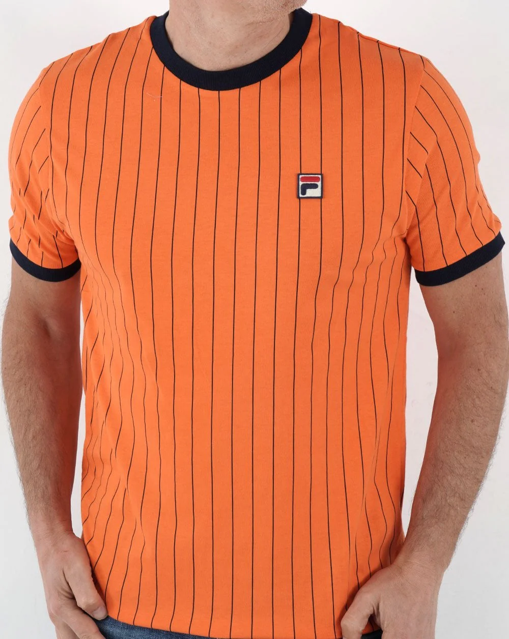 Fila Vintage Pinstripe T Shirt Orange/Navy - Image 2