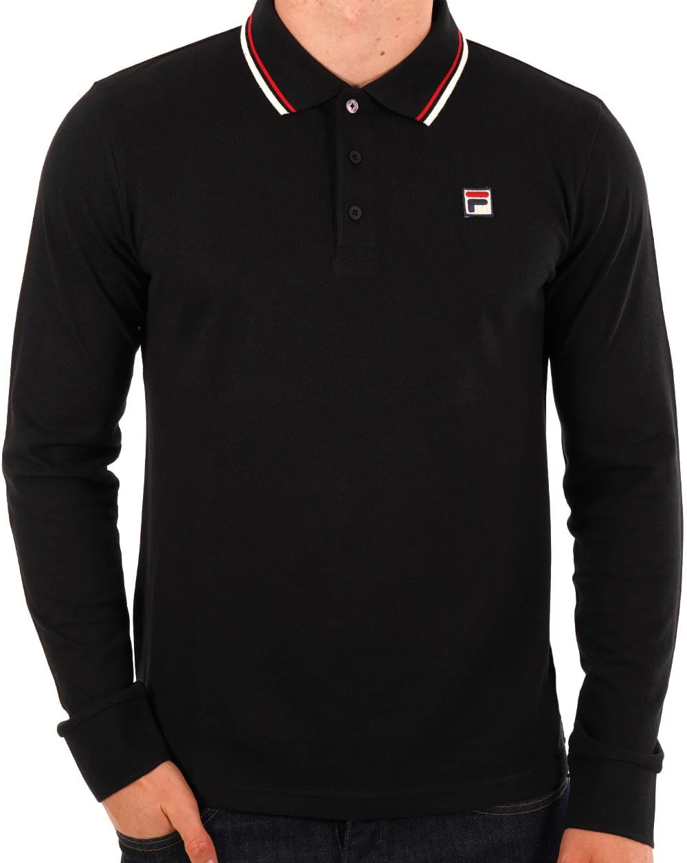 Fila Vintage Tipped Long Sleeve Polo Shirt Black/Gardenia/Red