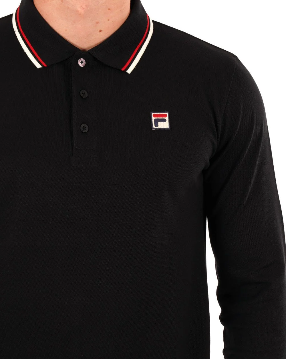 Fila Vintage Tipped Long Sleeve Polo Shirt Black/Gardenia/Red - Image 2