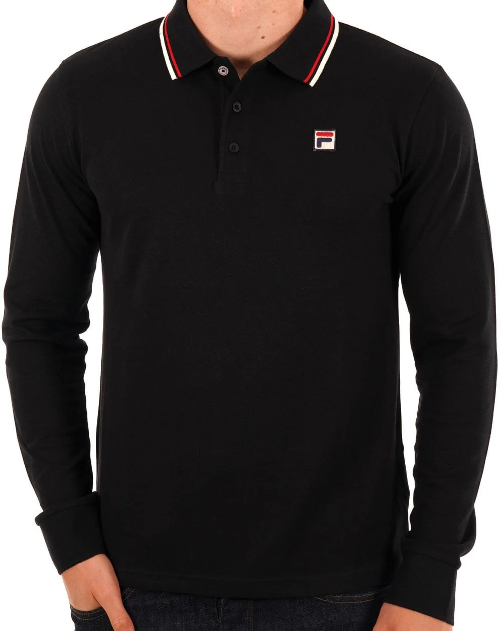 Fila Vintage Tipped Long Sleeve Polo Shirt Black/Gardenia/Red - Image 3