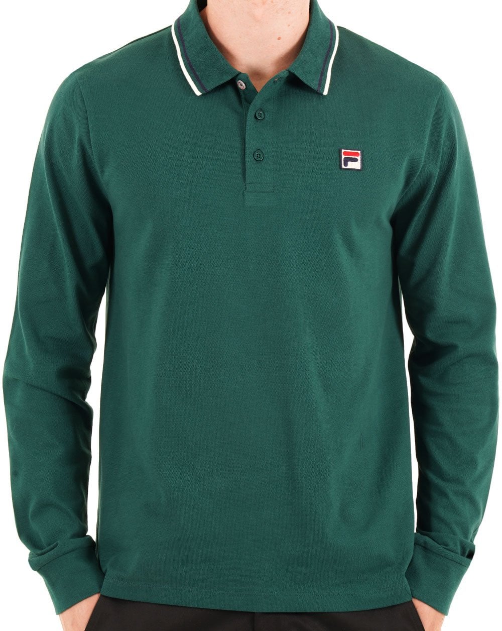 Fila Vintage Tipped Long Sleeve Polo Shirt Deep Green - Image 3