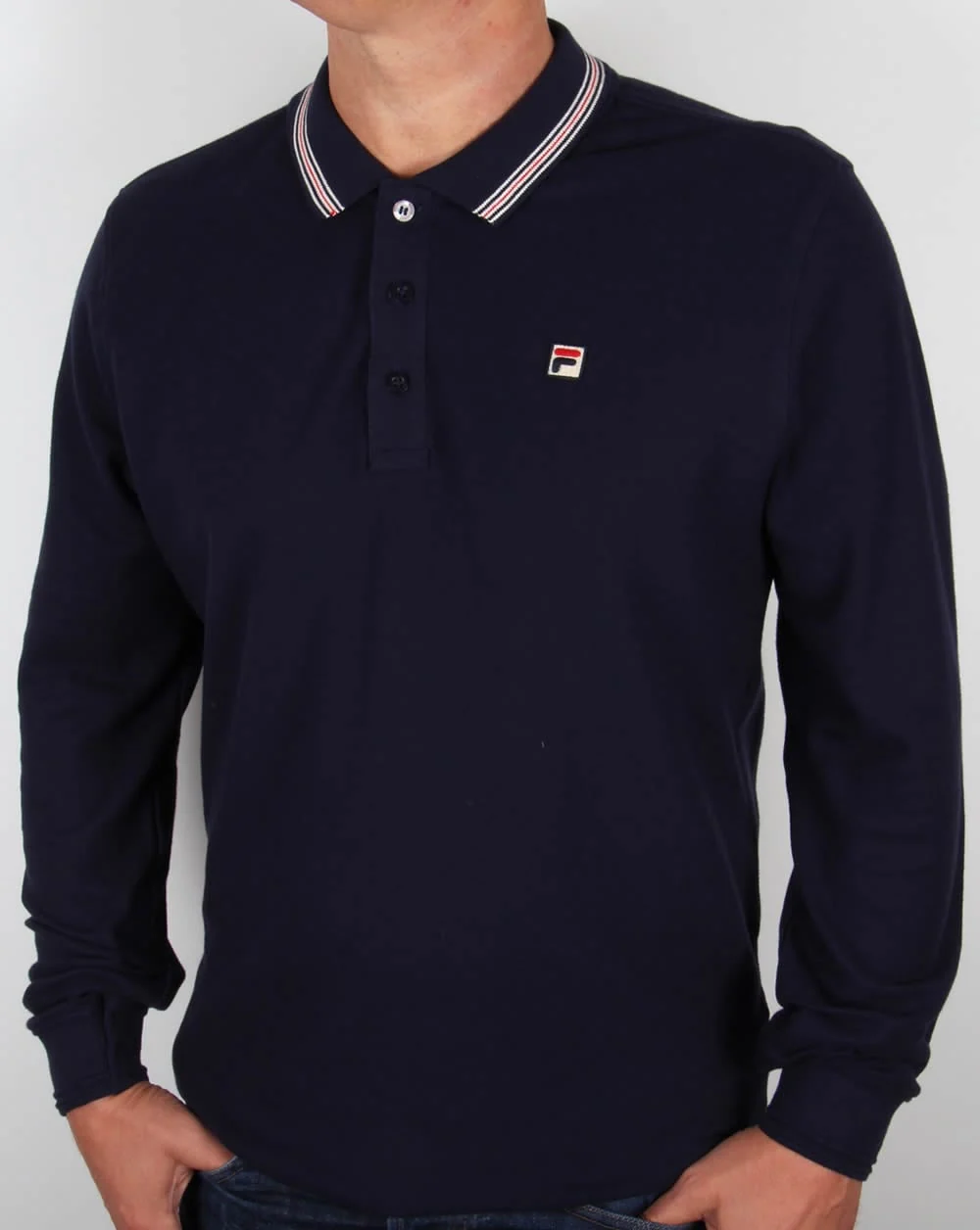 Fila Vintage Tipped Long Sleeve Polo Shirt Navy