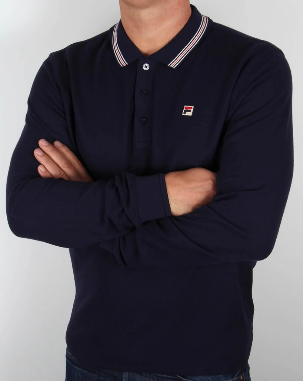 Fila Vintage Tipped Long Sleeve Polo Shirt Navy - Image 3