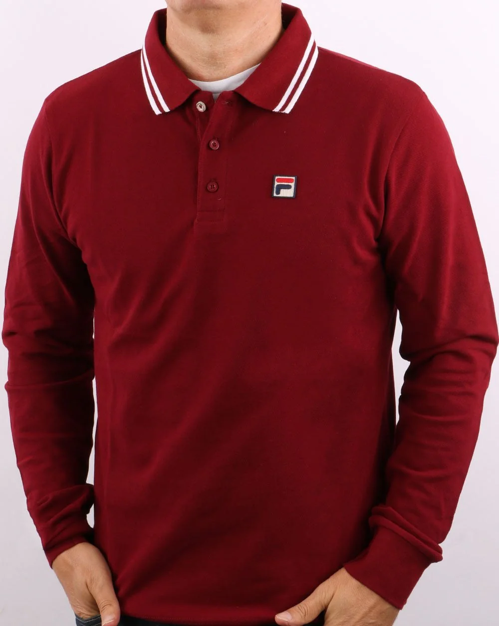 Fila Vintage Tipped LS Polo Shirt Dark Red/white - Image 4