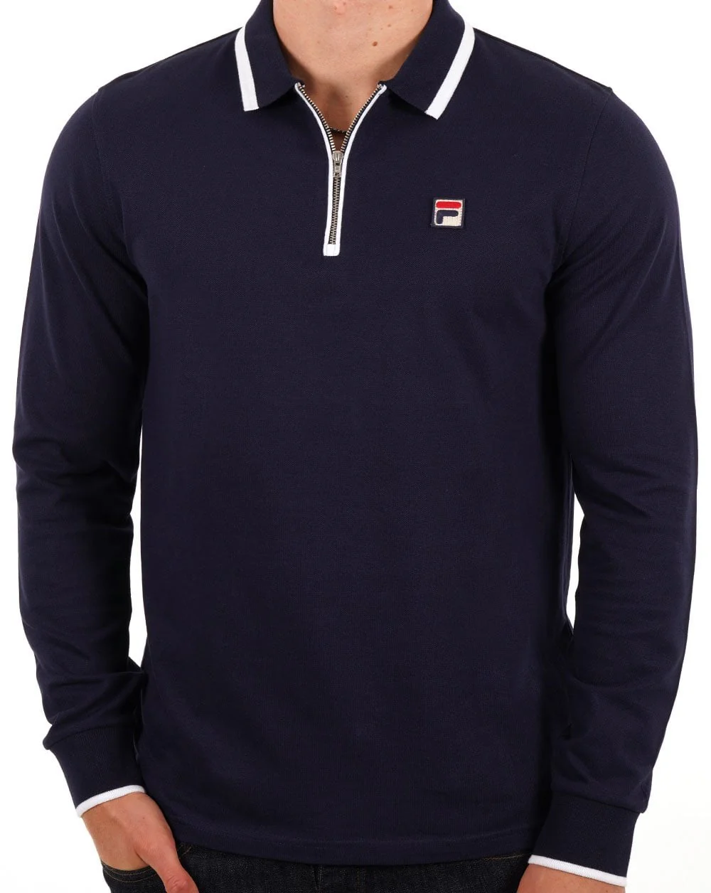 Fila Vintage Tipped Zip LS Polo Shirt Navy - Image 3