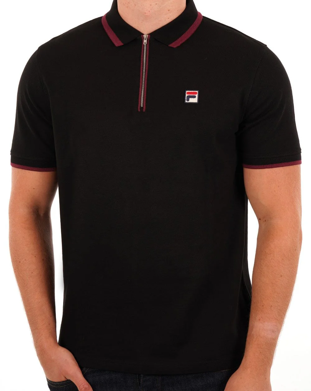 Fila Vintage Tipped Zip Polo Shirt Black/Burgundy - Image 2