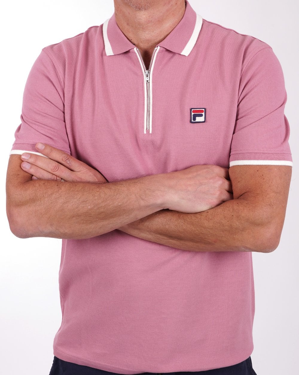 Fila Vintage Tipped Zip Polo Shirt Deep Pink - Image 4