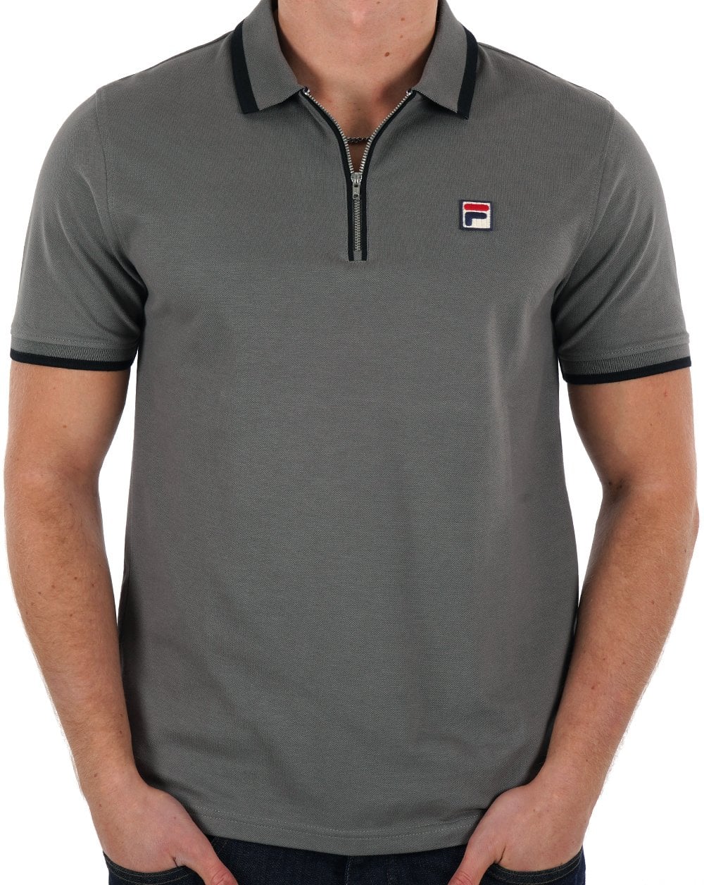 Fila Vintage Tipped Zip Polo Shirt Grey Black - Image 3