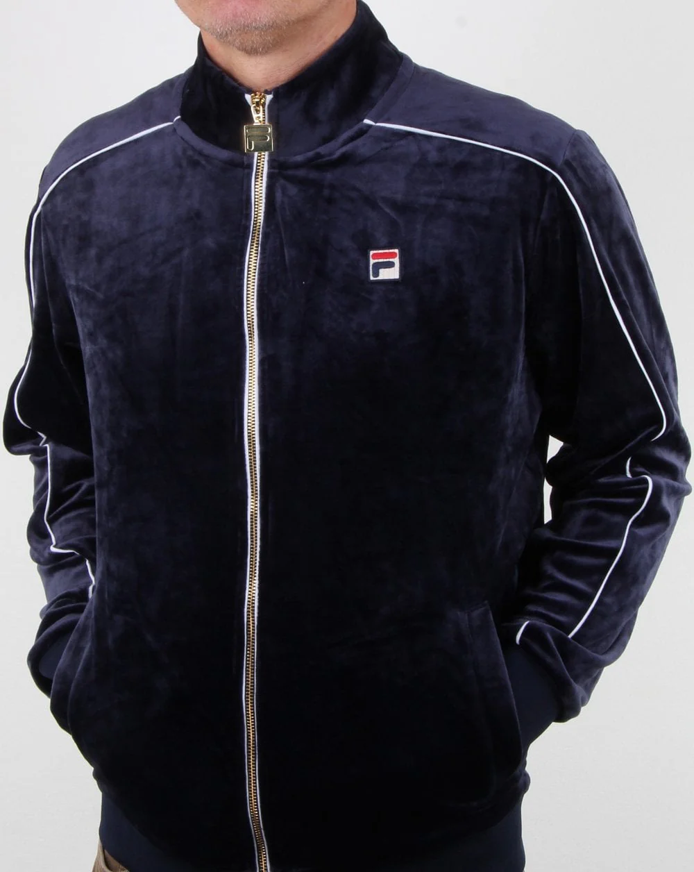 Fila Vintage Velour Piped Track Top Navy - Image 2