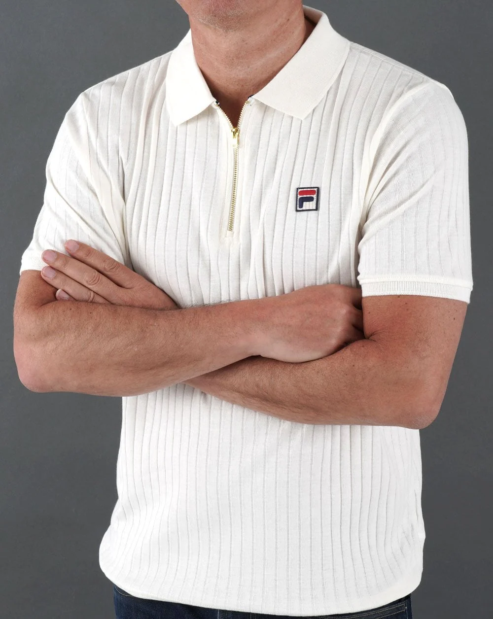 Fila Vintage Zip Polo Shirt Off White - Image 3