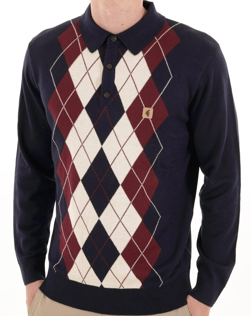 Gabicci Vintage Argyle Diamond Knit Polo Navy - Image 3