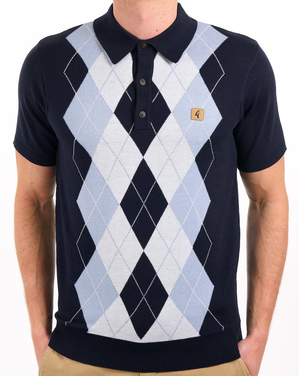 Gabicci Vintage Argyle Diamond Knit Polo Navy Sky White - Image 2