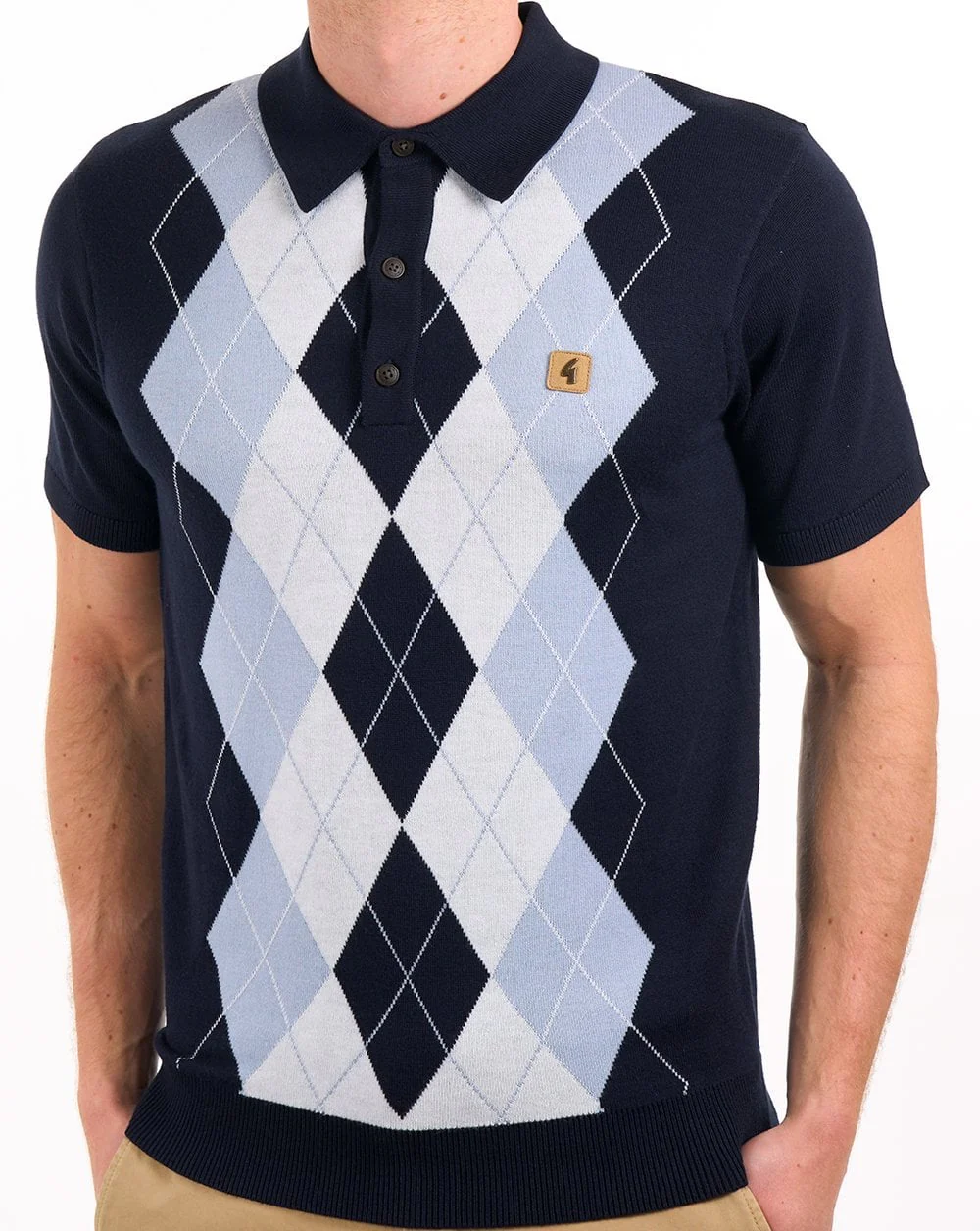 Gabicci Vintage Argyle Diamond Knit Polo Navy Sky White - Image 3
