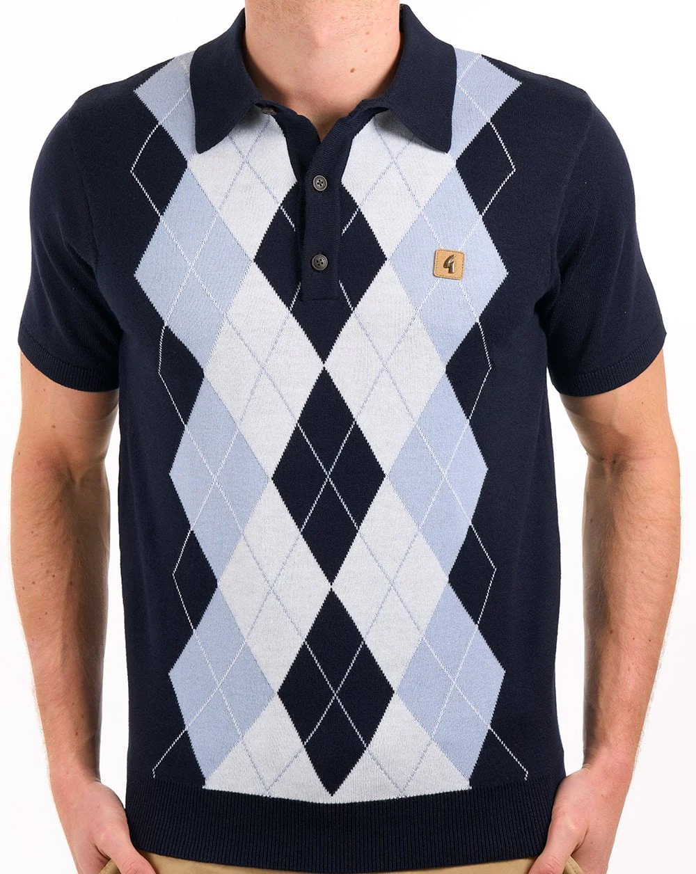 Gabicci Vintage Argyle Diamond Knit Polo Navy Sky White - Image 4