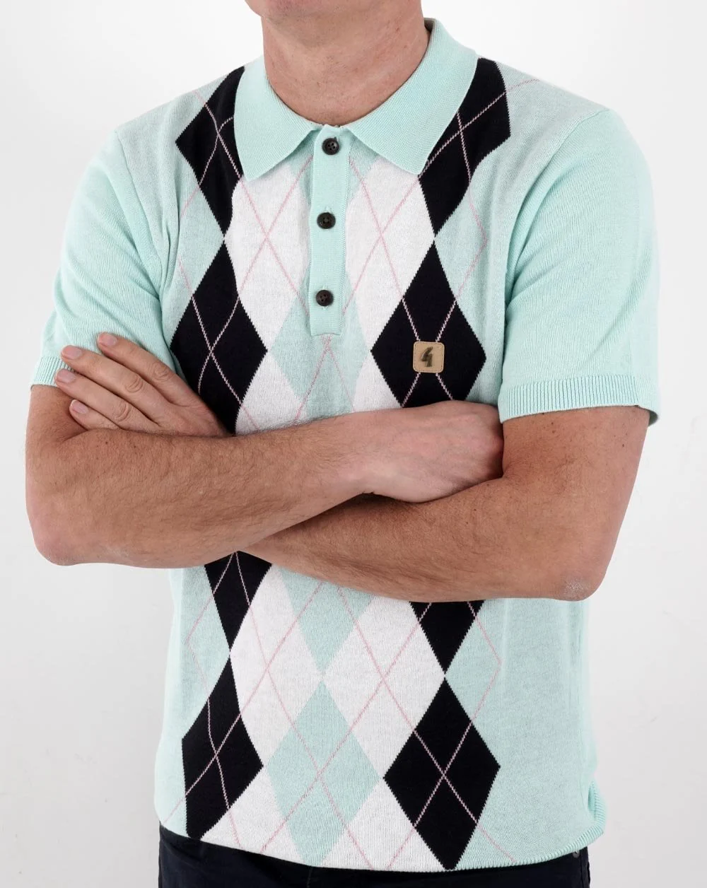 Gabicci Vintage Bogart Knitted Polo Shirt Mint- Navy - Image 3