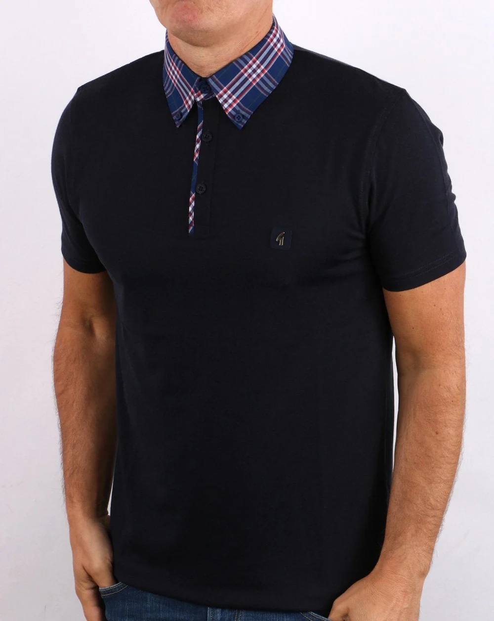 Gabicci Vintage Check Collar Polo Navy/Red - Image 2