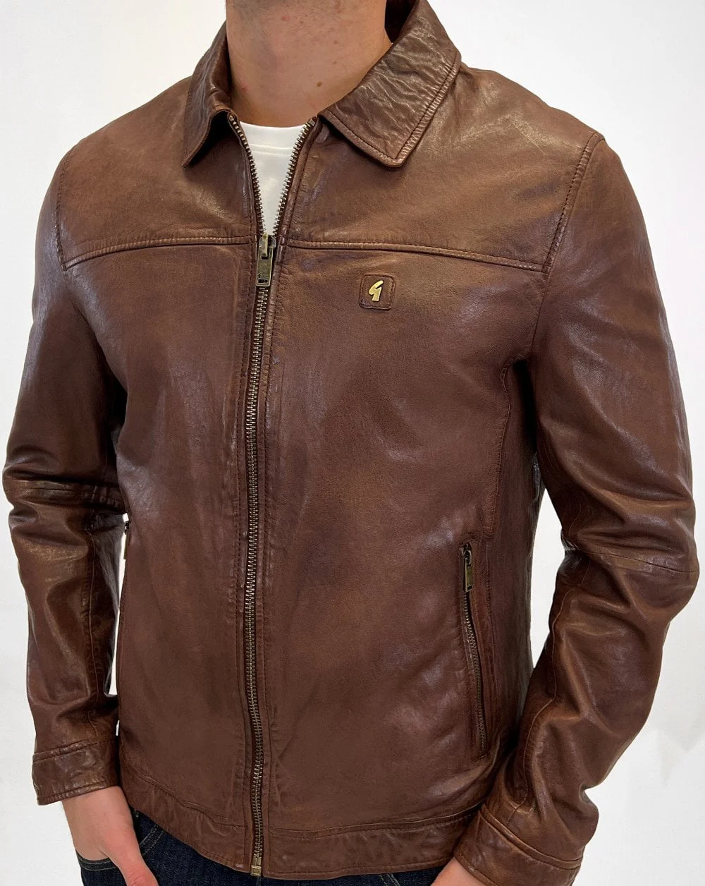 Gabicci Vintage Collared Leather Jacket Brown