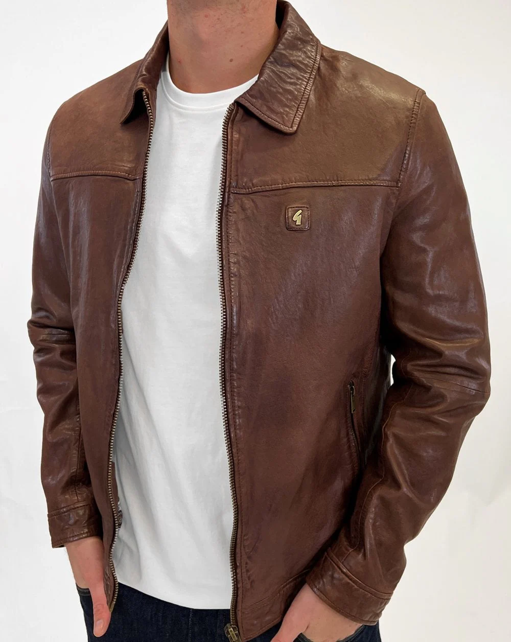 Gabicci Vintage Collared Leather Jacket Brown - Image 2