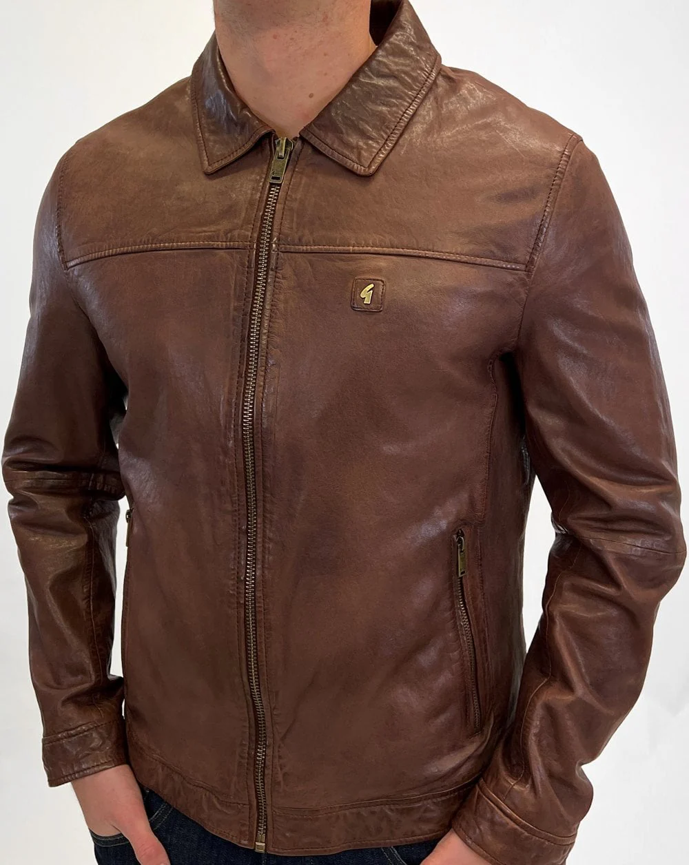Gabicci Vintage Collared Leather Jacket Brown - Image 3