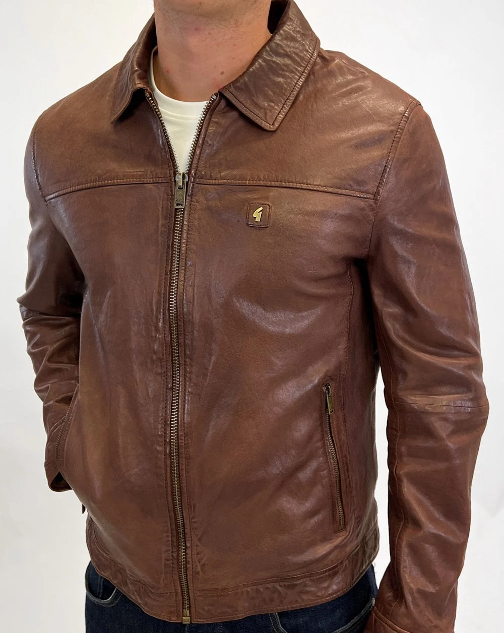 Gabicci Vintage Collared Leather Jacket Brown - Image 4