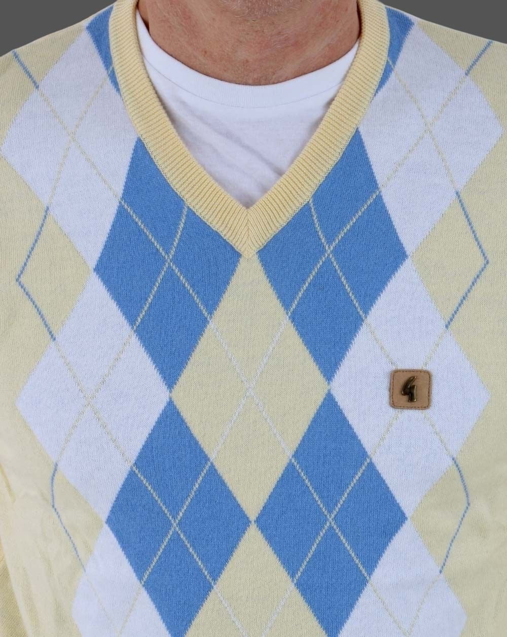 Gabicci Vintage Diamond Argyle V-neck Knit Lemon - Image 3