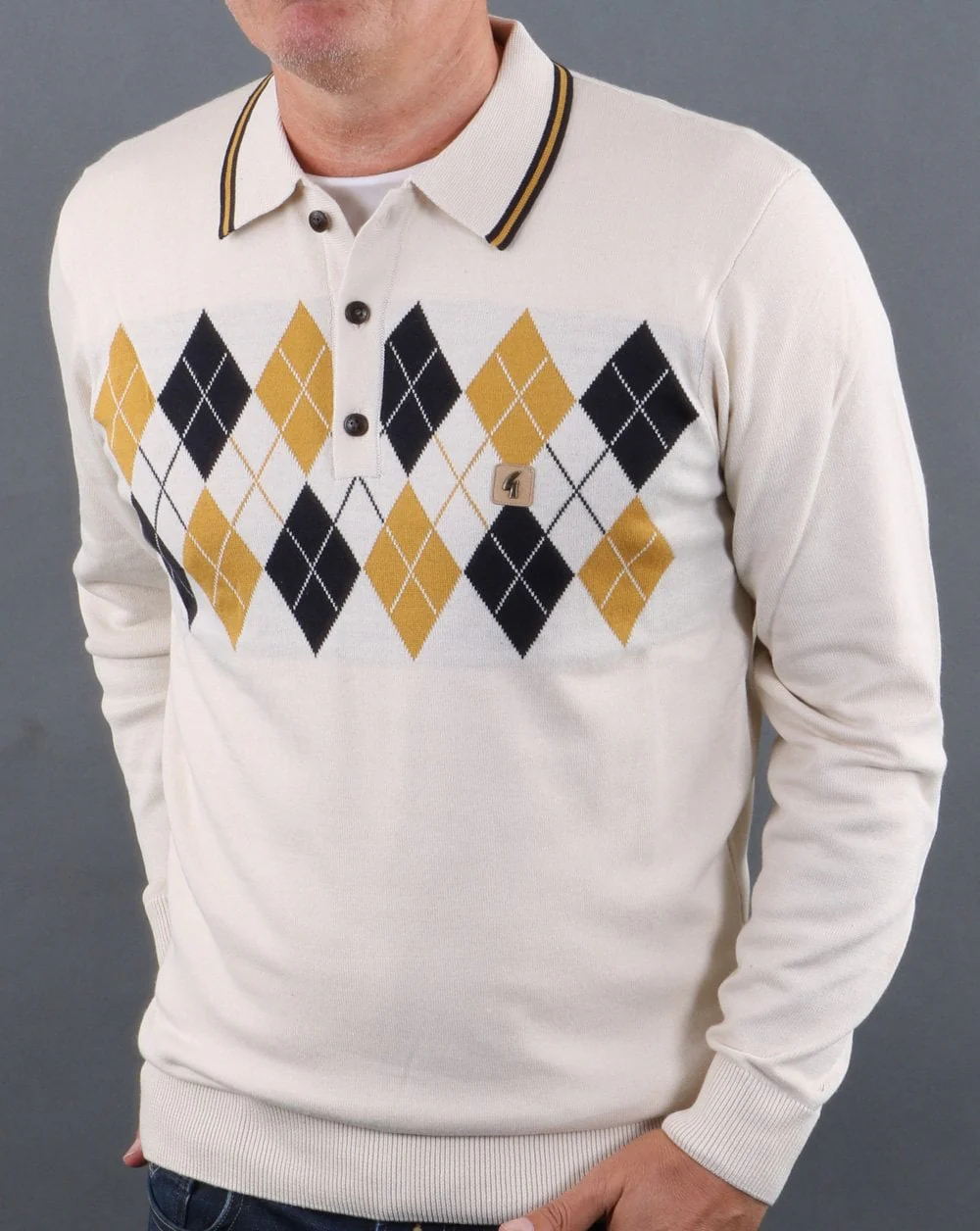 Gabicci Vintage Diamond Knitted Polo Cream - Image 2