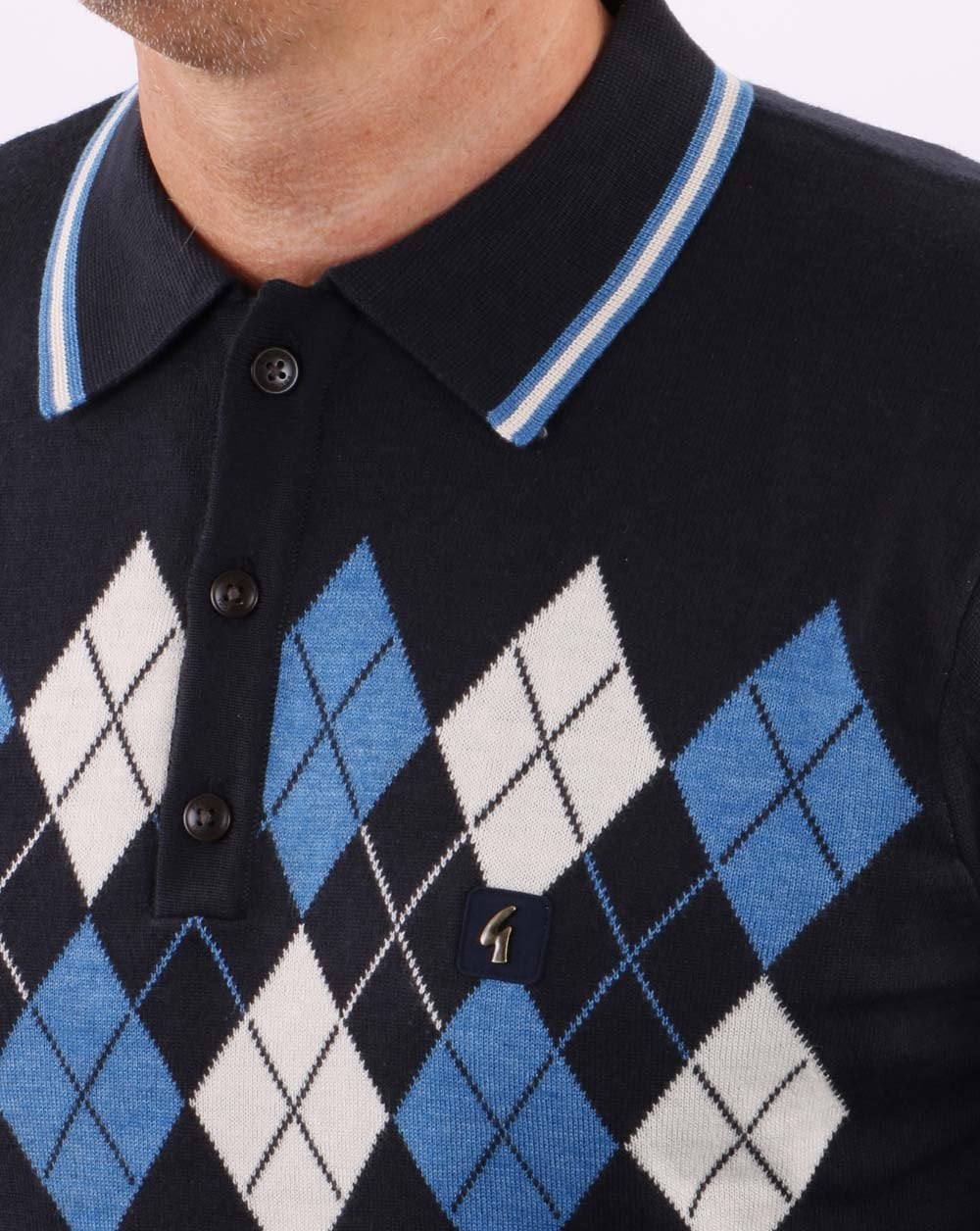 Gabicci Vintage Diamond Knitted Polo Navy - Image 3