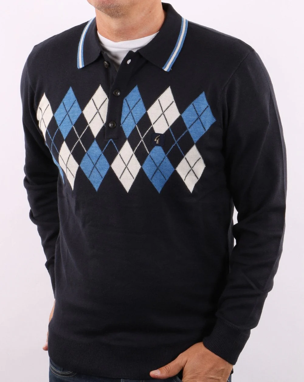 Gabicci Vintage Diamond Knitted Polo Navy - Image 4