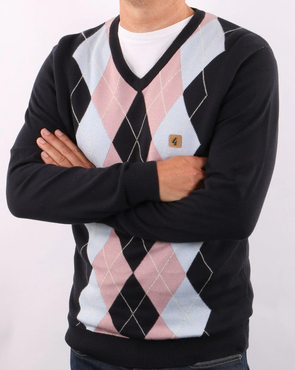 Gabicci Vintage Diamond V-Neck Knit Navy/Sky/Pink - Image 5