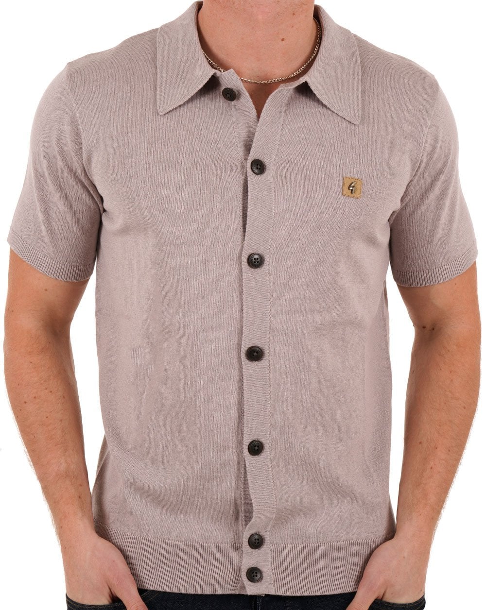 Gabicci Vintage Full Button Knit Polo Mushroom - Image 3