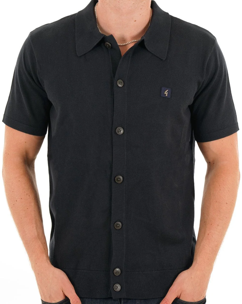 Gabicci Vintage Full Button Knit Polo Navy - Image 3