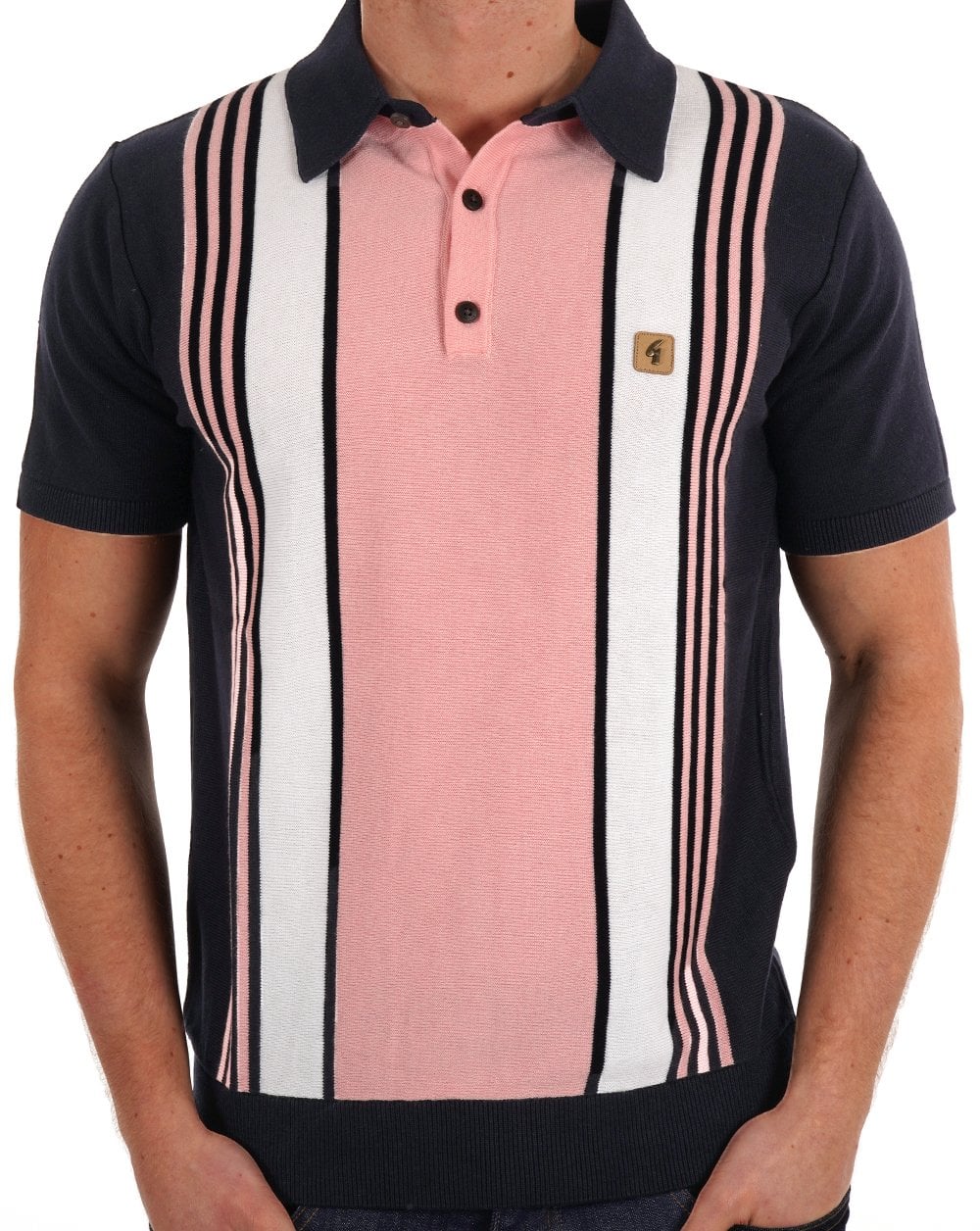 Gabicci Vintage Knitted Polo Navy Pink Striped - Image 3