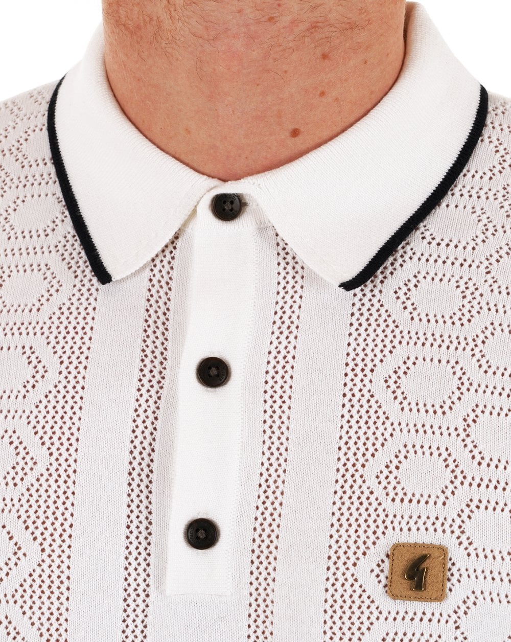 Gabicci Vintage Knitted Weave Polo Shirt White - Image 3