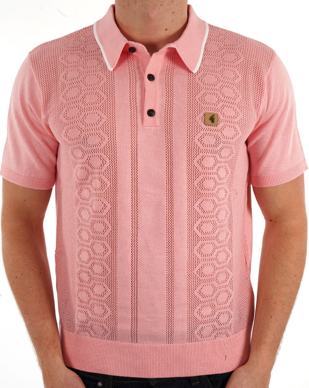 Gabicci Vintage Knitted Weave Polo Soft Pink - Image 3