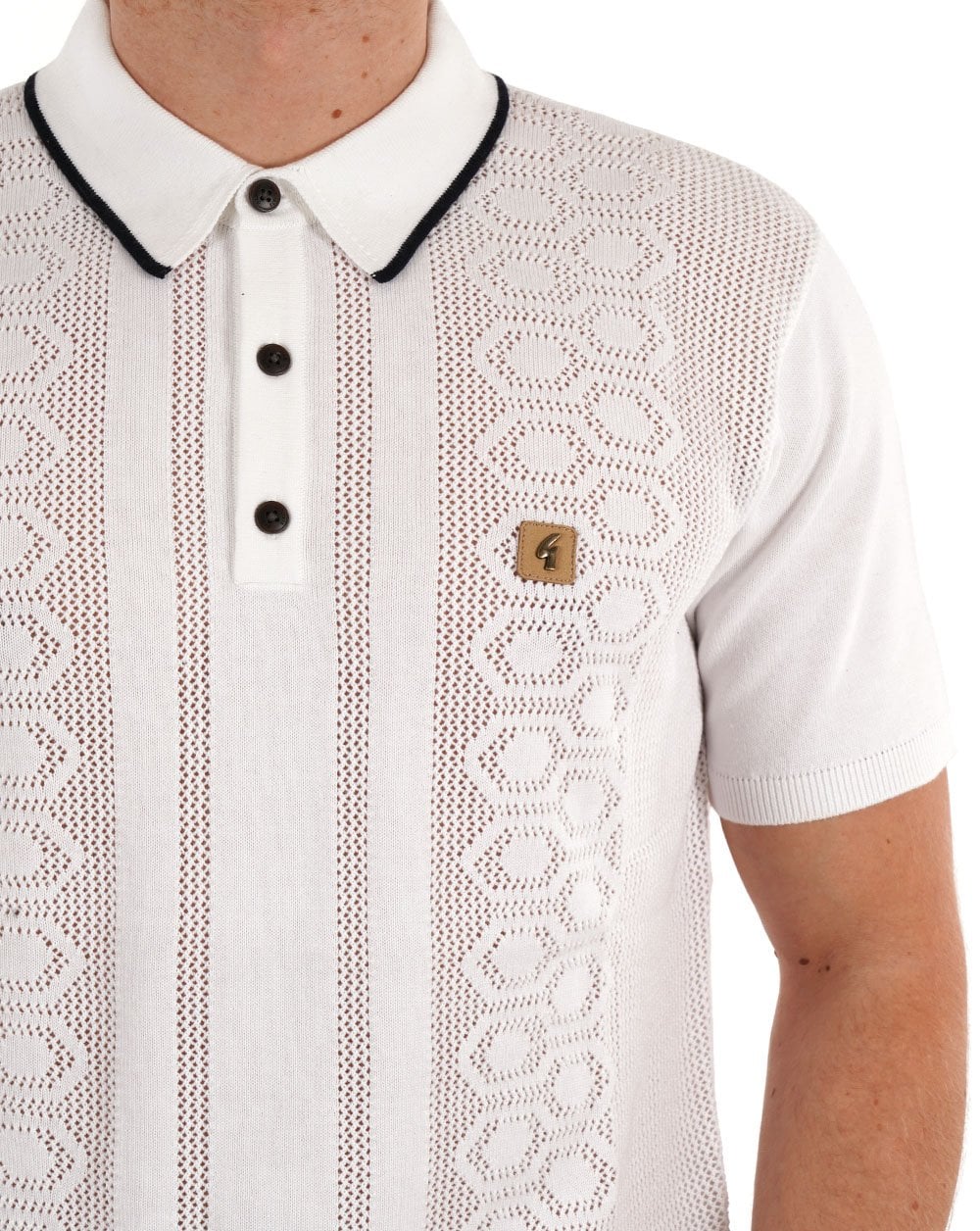 Gabicci Vintage Knitted Weave Polo White - Image 2