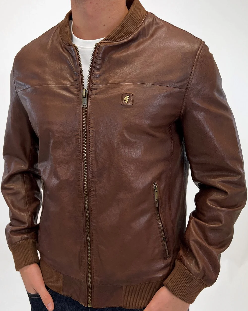 Gabicci Vintage Leather Bomber Jacket Brown - Image 2